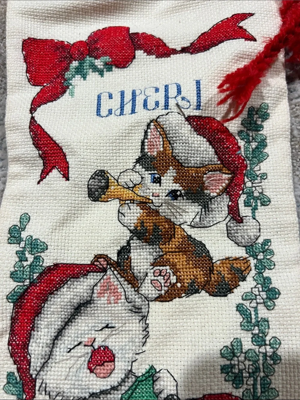 Vintage Holiday Cat Christmas Stocking - handmade z95